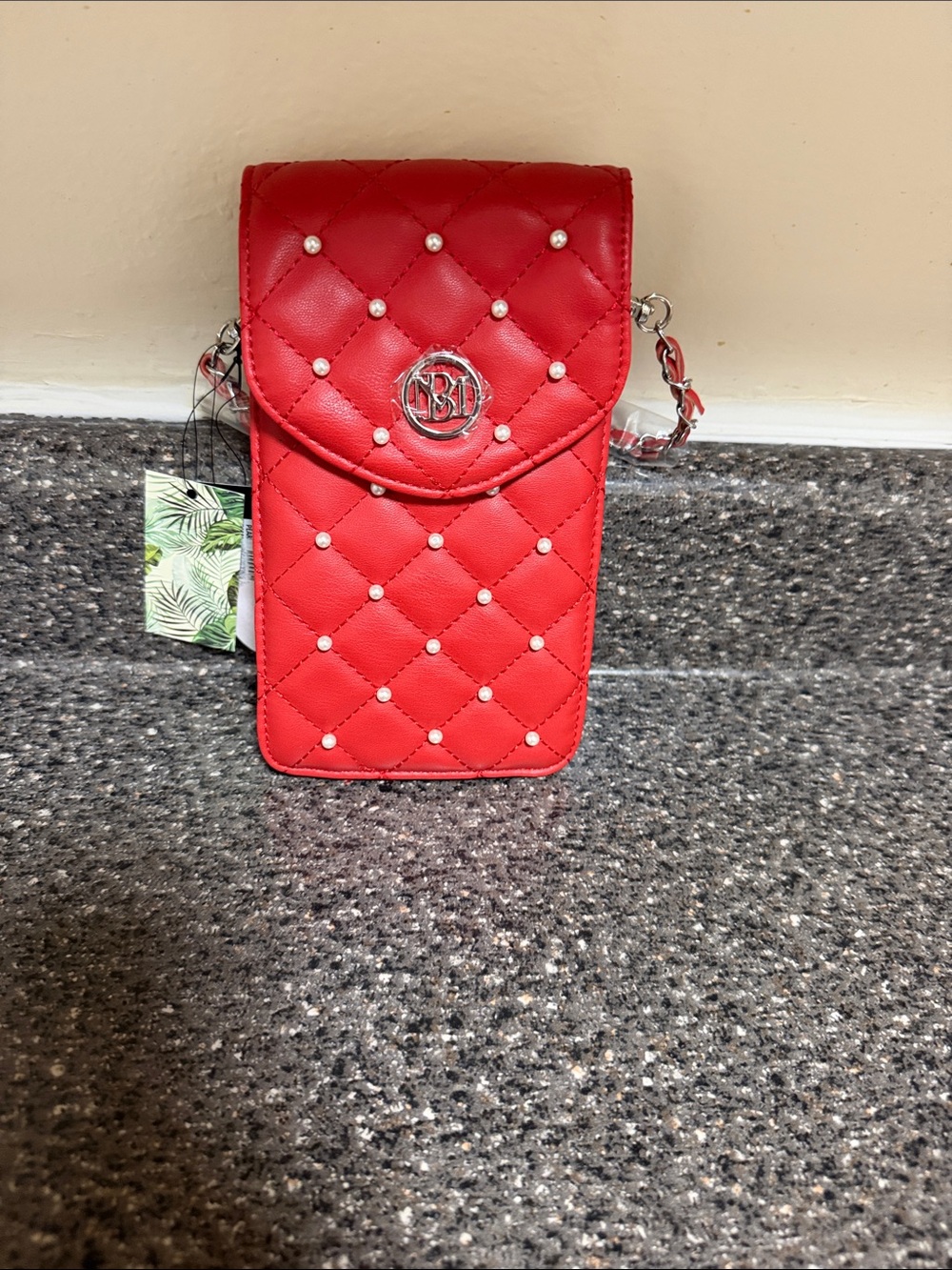 Badgley Mischka Quilted Red Mini Crossbody with Pearl Studs